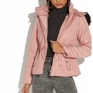 JUST IN!NWT! Pink Faux Fur-Trim Hooded Puffer Coat